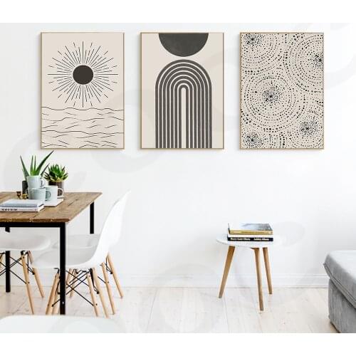 Abstract Geometry Minimalist Line and Dot Wall Art Sun Scene Boho Canvas Prints Painting Pictures for Living Room Wall Decor