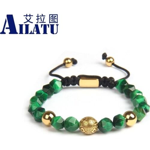 Ailatu Luxury Gold Stainless Steel Spacer Beads Macrame Bracelet with 8mm Faceted Cut Tiger Eye Stone Beads Top Quality