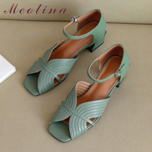 Meotina Summer Sandals Shoes Women Natural Genuine Leather Thick Heel Ankle Strap Shoes Real Leather Buckle Sandals Ladies 33-40