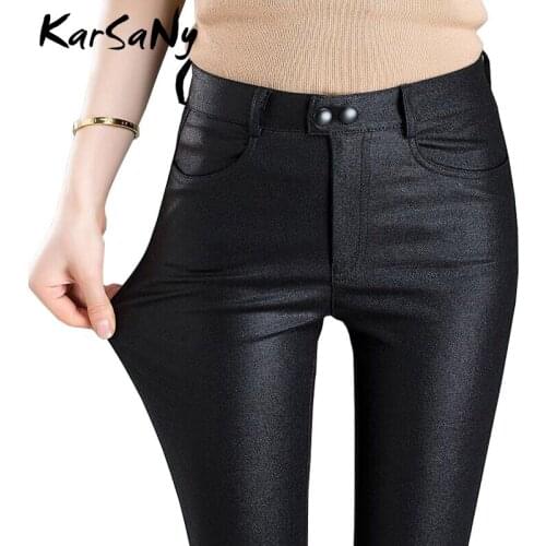 Black Trousers Women Leather Pants Winter Warm Faux Leather Velvet Warm PU Pants High Waist Women Elastic Trousers Ladies New