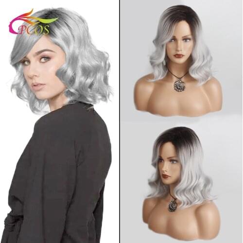 CPCOS HAIR Female Short Water Wave Wig Ombre Silver Gray Synthetic Wigs for Women Hair Wigs Without Bangs for Daily Use