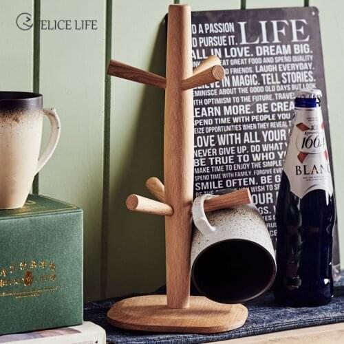 Wooden Coffee Cup Holder Beech Wood Tree Stand Rack 6 Cup Mug Holder Countertop Pantry Stands Mug Shelves Hanger Kitchen Display