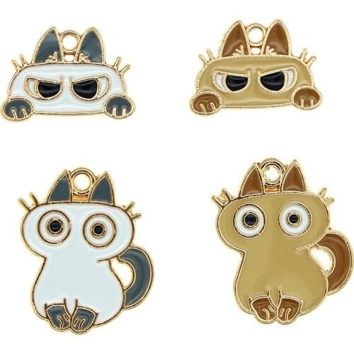 10pcs/lot Cute Big Eyes Cat Animal Avatar Enamel Charms Green Plants DIY Earrings Keychain Pendants Jewelry Findings Phone Case