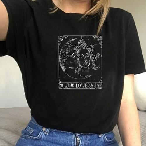 Tarot Sun Moon The Lovers Graphic Tee Black Gothic Cool Grunge 90s Fashion Unisex T-Shirt Casual Funny Harajuku Tumblr Women Top