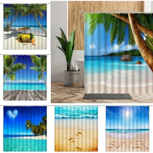 Blue Sky Beach Shower Curtain 3D Modern Coconut Tree Scenery Bathtub Accessorie Waterproof Home Bath Curtains For Bathroom Decor