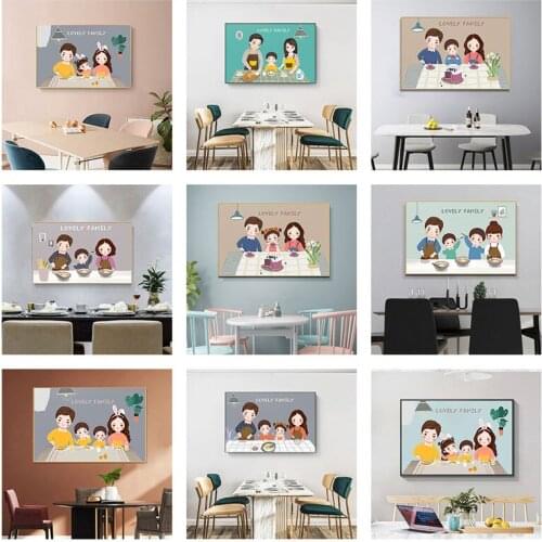 Nordic lovely family restaurant canvas painting cartoon character decorative paintings for kitchen posters and prints Unframed