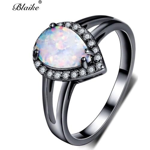 Blaike White Fire Opal Rings Wedding Band For Women Romantic Black Gold Filled Ring Birthstone Thanksgiving Jewelry Gift
