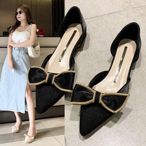 Summer Trend Sequined Cloth Shallow Mouth Set Feet Elegant Bow-Knot Pointed Toe Baotou Womens Single Shoes Large Size 40