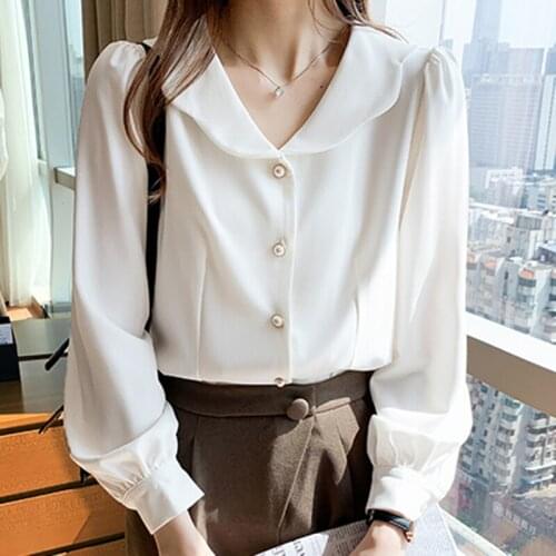 LJSXLS 2021The New Spring Chiffon Peter Pan Collar Long Sleeve Blouses Women Solid Pearl Button Loose White Versatile Ladies Top