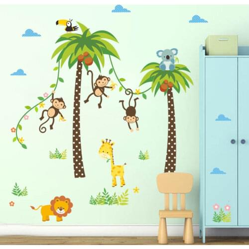 Cartoon Forest Animals Stickers Lion Giraffe Monkey Climb Coconut Tree Wall Stickers Home Nursery Decal Kids DIY Stickes