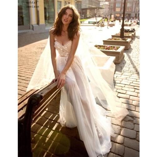 Sweetheart Spaghetti Straps Bride Dress Sexy Simple Beach Cheap Wedding Dress 2020 Elegant 3d Flowers Beach Bridal Gown Mariage