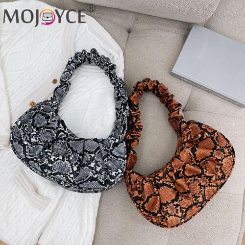 Casual Pure Color Chain Handbag Purse Vintage Women Pleated Snake Pattern Printing Small Shoulder Underarm Bags