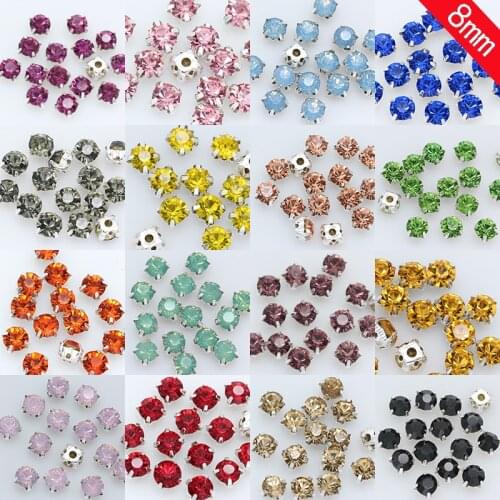 36pc 8mm Sew on crystal glass Rhinestone Flatback Diamante Diy Decorative Silver Cup Claw 4-holes Sewing Beads craft clothes