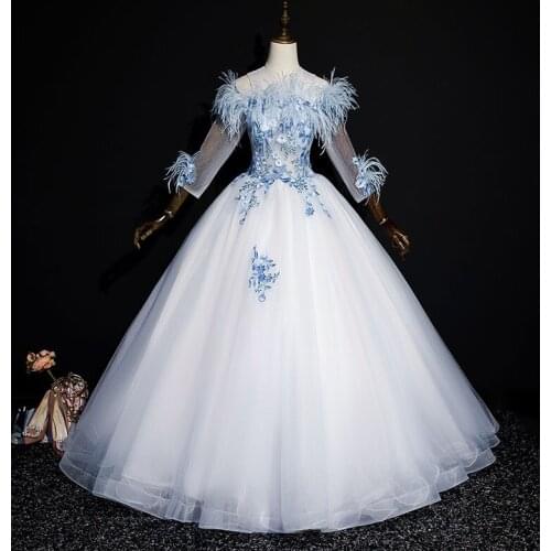 Real light pale blue feather embroidery court medieval dress renaissance Gown queen Victorian /Marie/ Belle Ball/ball gown
