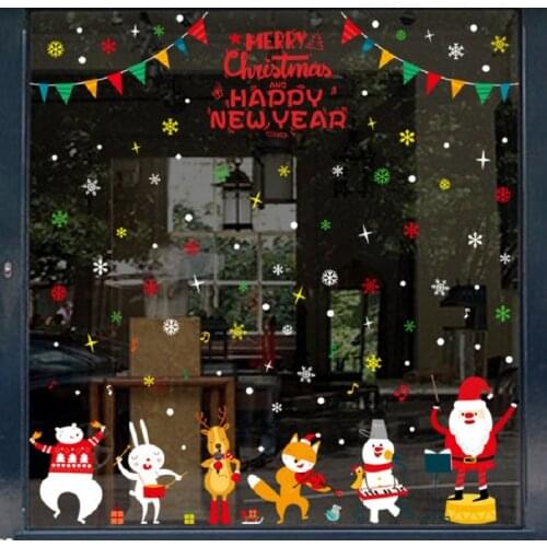 Merry Christmas Cartoon Wall Stickers Santa Claus Snow New Year Animals Decorative For Livingroom Showcase Wall Decal Stickers
