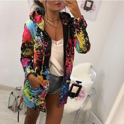 Womens Long Sleeve Hooded Colorful Windbreaker Jacket Floral Print Zipper Coat Splash-Ink