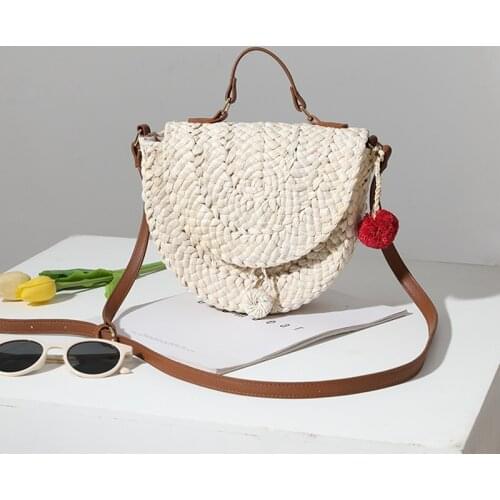 Fashion Hair Ball Straw Woven Saddle Bags for Women Bohemian Hand Woven Bag Beach Handbags Straw Shoulder Messenger Bags Purse