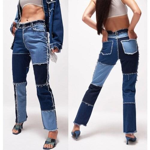 Women Trend Variegated Stitching Straight Jeans Pants Streetwear Brown Contrast Stitch Trousers Patchwork Grunge 90S Aestietic