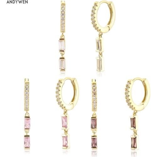 ANDYWEN 925 Sterling Silver Two Zircon Chain Drop Earring Women Piercing Pendiente Clips Luxury Party Three Color Zircon Loops