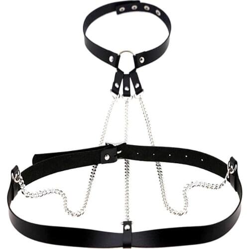 Women Punk Black Pu Leather Harness Belt Bondage Gothic Chain Body Necklace Chain Necklaces Traction Rope Jewelry Gift