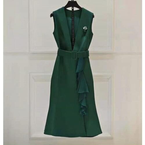 Sexy Deep V-Neck Dress 2021 Autumn Winter Fashion Style Women Hand Made Beading Deco Mid-Calf Party Elegant Ruffle Dress XXL