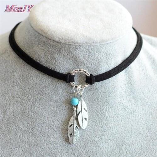 1 Pc Choker Black Brown Leather Choker Necklace Antique Silver Color Feather Shape Charm Bohemian Chain NecklaceJewelry Gift