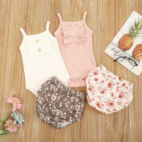 Lovely Summer Baby Girls Clothes Sets Sleeveless Button Romper Tops Flowers Shorts 2pcs