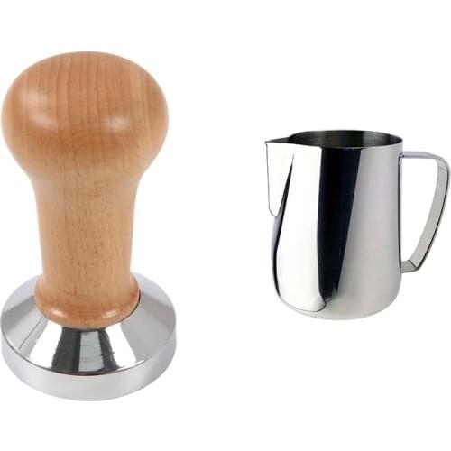 New Coffee Tamper Wooden Handle Barista Espresso Machine 51Mm & 350Ml Stainless Steel Frothing Pitcher Pull Flower Cup