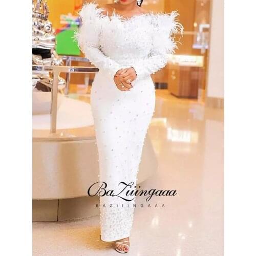 BAZIIINGAAA Luxury 2021 Party Elegant Woman Feather Cocktail Dress Long Sleeve Pearl Mermaid Cocktail Dresses Formal Partie Prom