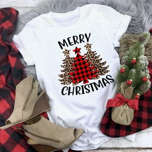 Merry Christmas T Shirt Women Fashion T Shirt Leopard Plaid Tree New Year Tshirt Xmas Tee Tops Graphic T Shirt Female Tee Shirt