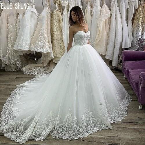 JUE SHUNG Elegant Ball Gown Wedding Dresses Strapless Neck Lace Up Back Appliques Bow Sashes Bridal Dresses Vestidos de Novia