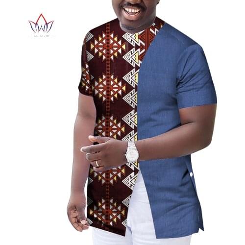 Summer African Clothes for Men Dashiki Short Sleeve Men Top Shirt 100% Cotton Print Patchwork Round Neck Top Shirt bazin WYN1274