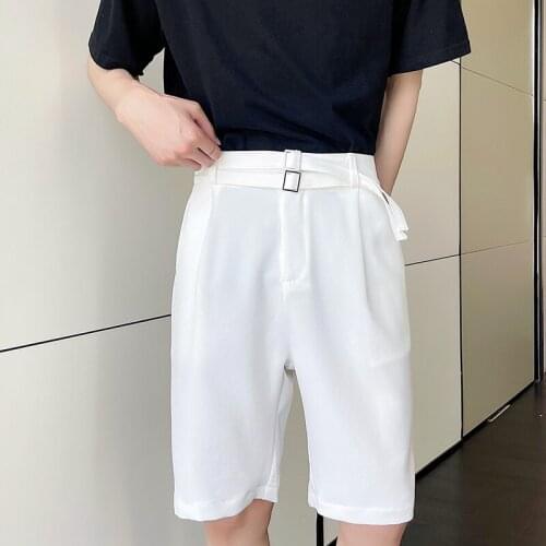 Summer wear ins personalized double belt design Korean mens casual suit shorts hairstylist youth Capris fashion