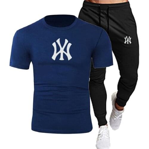 2021 Mens Casual Printed Trousers Mens New Sports T-shirt Mens Suit Round Neck T-shirt + Pants 2-piece Jogging Mens Clothing
