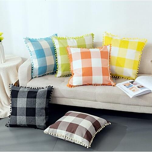 Grid Cotton And Linen Fabric Cushion Cover With Cute Plaid Ball Deco For Living Room Deco Sofa 2020