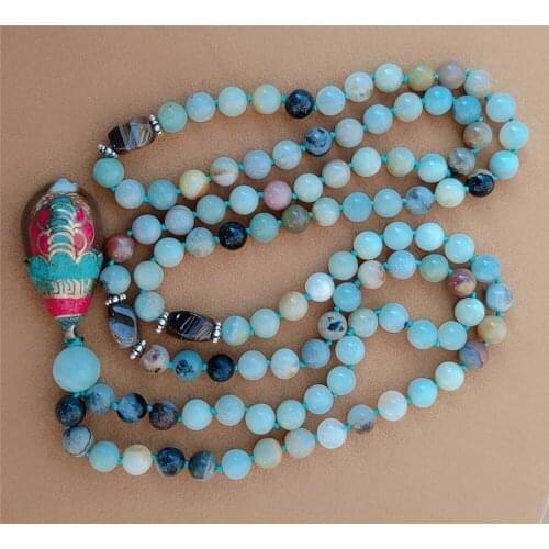 8mm Amazonite Nepalese Pendant 108 Beads Tassel Knotted Necklace Healing Spirituality Meditation Colorful Classic Handmade