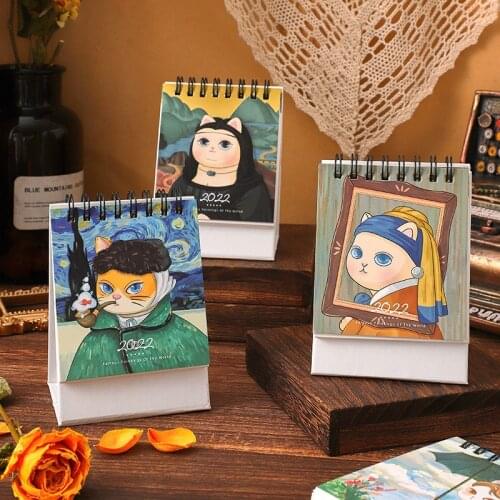 2022 Van Gogh Oil Painting Series Mini Desk Calendar Mona Lisa Cartoon Cat Calendars Yearly Agenda Organizer