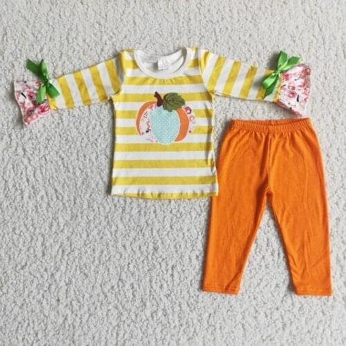 Wholesale Baby Girl Thanksgiving Clothing Ruffle Bow Long Sleeve Pumpkin Striped Shirt Orange Pants Set Kid Children Outfit