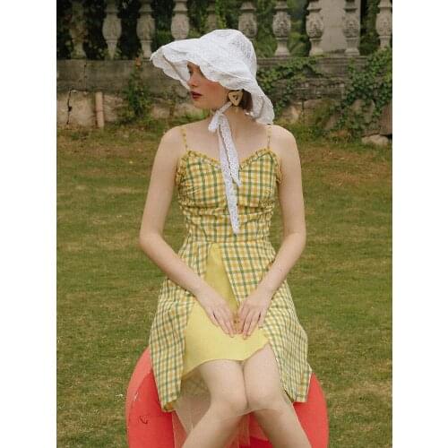 Mesh Contrast Plaid V-neck Suspender Mid Length Dress Womens Summer Seaside Holiday Beach Skirt Bali