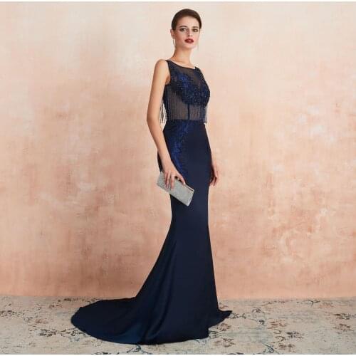 Navy Blue Beaded Mermaid Lace Appliques Chiffon Prom Dresses 2020 Long Formal Evening Gown