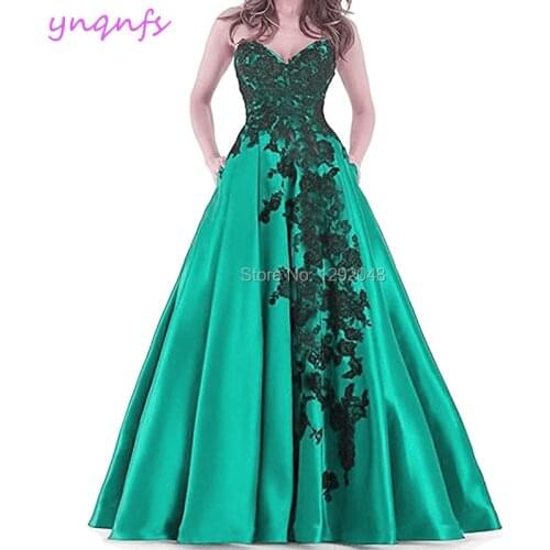 YNQNFS P53 Satin Lace Appliques Sweetheart Long Plus Size Emerald Green Prom Dress 2019