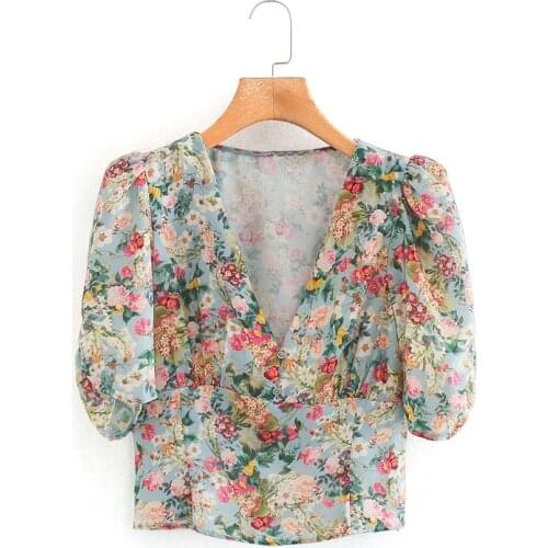 Women french style fashion flower print za short blouse tops chic lady 2020 new short puff sleeve floral print v-neck shirts