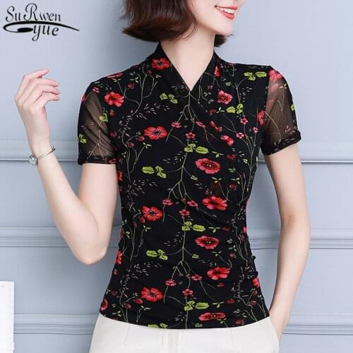 Printed Mesh Bottoming Womans Shirts Short Sleeve 2021 Summer shirt Woman Wild Elastic Pluse Size M-4XL Black T-shirts 9924