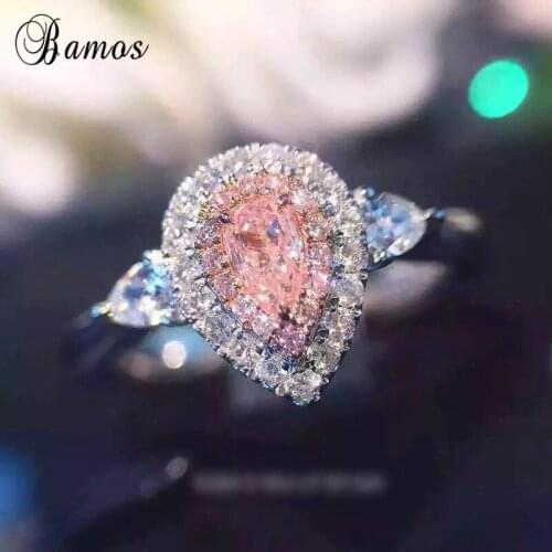Bamos Luxury Female Crystal Pink Water Drop Ring Vintage Wedding Band Promise Engagement Rings For Women Mothers Day Gift