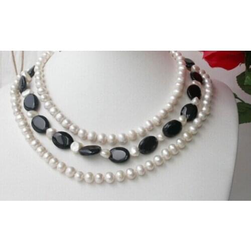 CBN251 Beautiful Elegant 3strands 8-9mm FW pearl Black bead Necklace