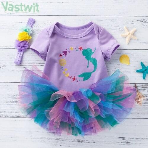 Baby Girl Clothes Mermaid Princess 1st Birthday Party Outfit Newborn Girl Romper Colorful Mesh Tutu Skirts with Headband Sets