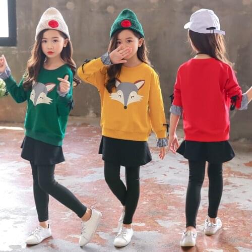 Girls Sweater Suit 2 Pcs Spring Fall Kids Cartoon Fox & Dog Printing Clothing Set Childrens Sweatshirt Tops + Culottes Set B277