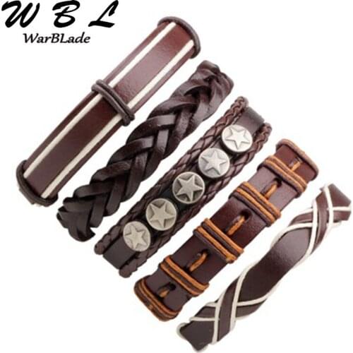 5pcs/set Leather Bracelet Men Multilayer Star Charm Wrap Bracelets & Bangles Punk Wristband Vintage For Women Mens Jewelry
