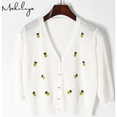 Makuluya Casual Women Sweater Knitting Cardigan Coat Ultra-thin Summer Spring Pineapple Dragonfly Ballerina Embroidery L6