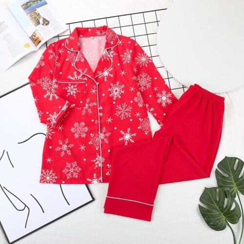 Snow Pattern Cute Pajamas Set Women Print Sleepwear Winter Home Suit Pocket Warm Loungewear Two Piece Sets Female Sleepwear